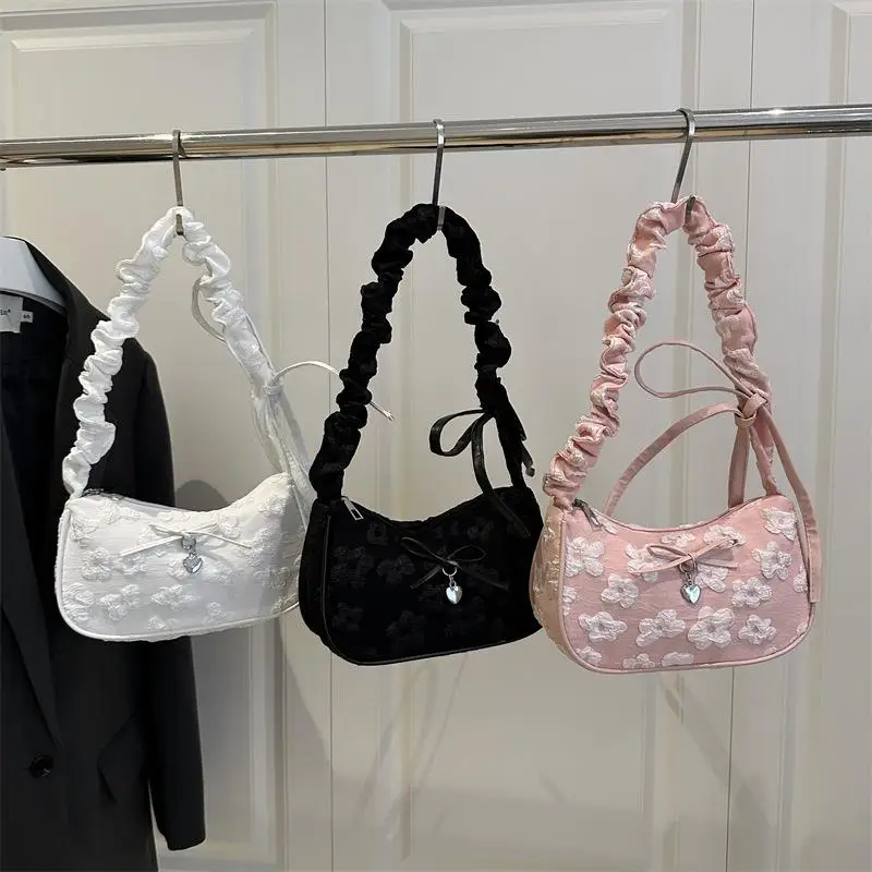 

Bow Floral Pleated Crescent Bag, Fashion Forward Women's Crossbody Bag, Sweet Girl's Shoulder Bag, High-end Commuter Purse