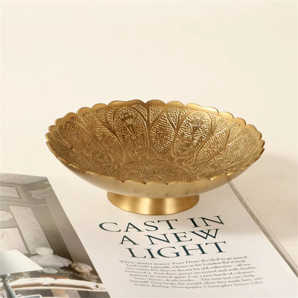 

Vintage Handmade Brass Storage Basket Kitchen Supplies Snacks Southeast Asia Carved Key Jewelry Storage Tray Decorative Ornament