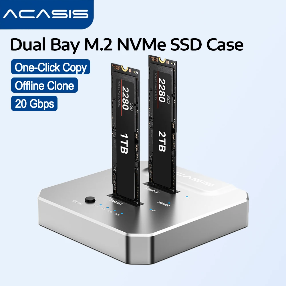 

Корпус SSD Acasis 20 Гбит/с с двумя отсеками M.2 NVME Дубликатор SSD Offline Clone Док-станция USB 3.2 Type-C Gen2 к NVMe для ПК