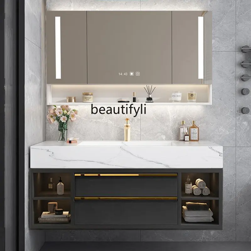 cqy Modern Light Luxury Stone Plate Bathroom Cabinet Combination Bathroom Smart Washstand Washing Machine Cabinet