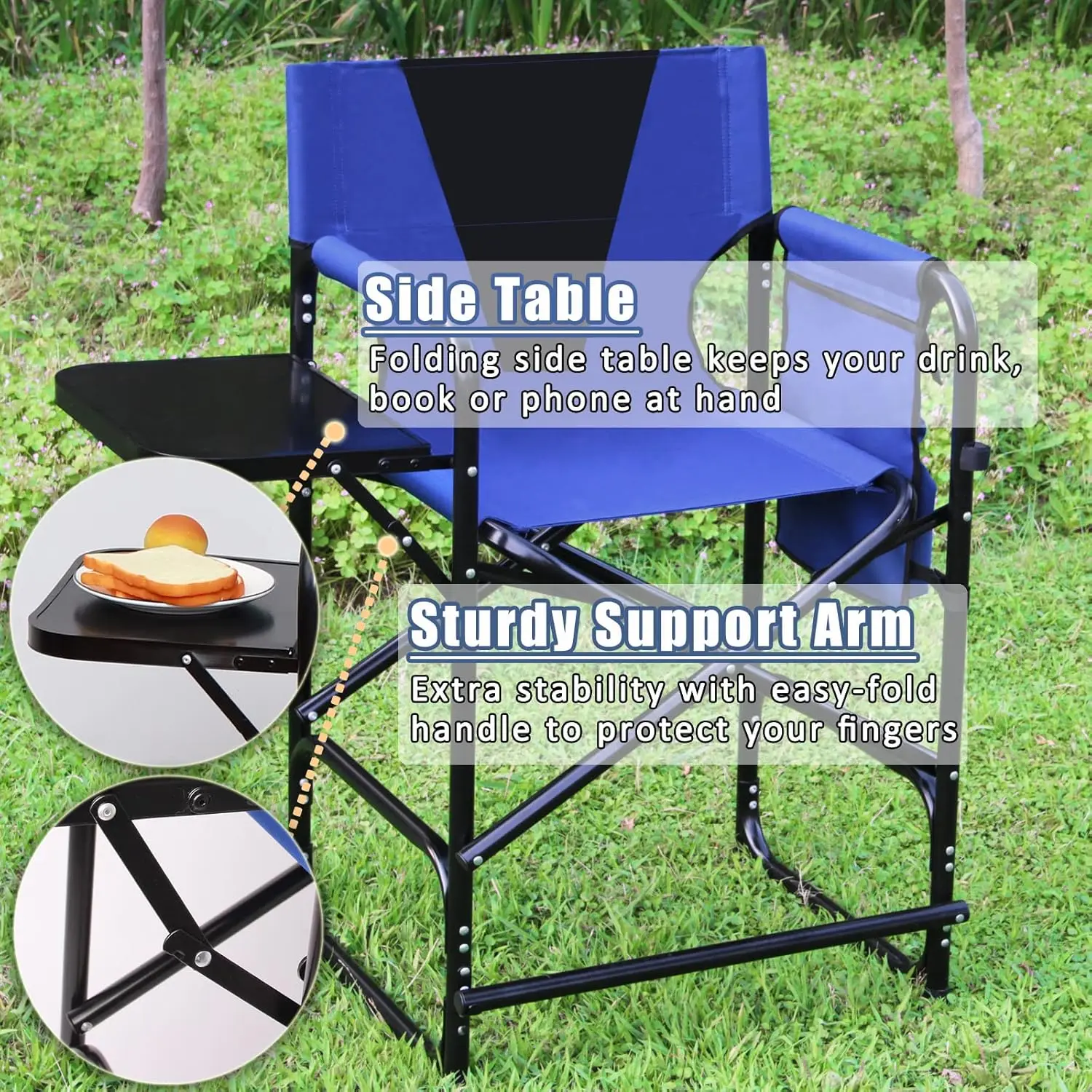 Tall Directors Chair Makeup Artist Chair Foldable Camping Chairs with Side Table and Footrest, Portable Folding Directors Chairs