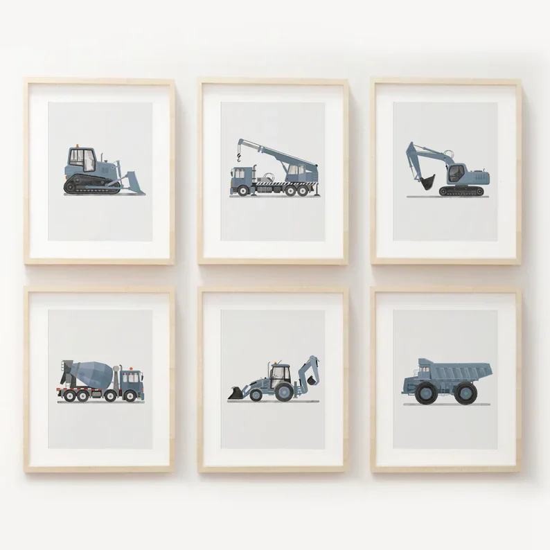 Pale Blue Cartoon Engineering Vehicle Transportation Car Poster Canvas Painting Nordic Wall Art Pictures Bedroom Home Decor