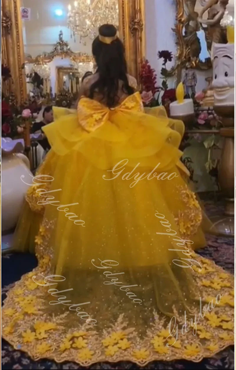 Abito da prima comunione giallo con strascico lungo per bambini, applique 3D, abito da ragazza di fiori da sposa, abiti da compleanno per spettacoli di tulle con perline