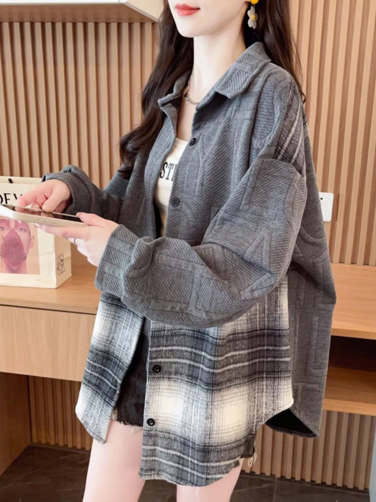 

Women's Spring Autumn New Button Splicing Shirt Jacket Korean Version Loose Medium Long Retro Casual Foreign Versatile Top