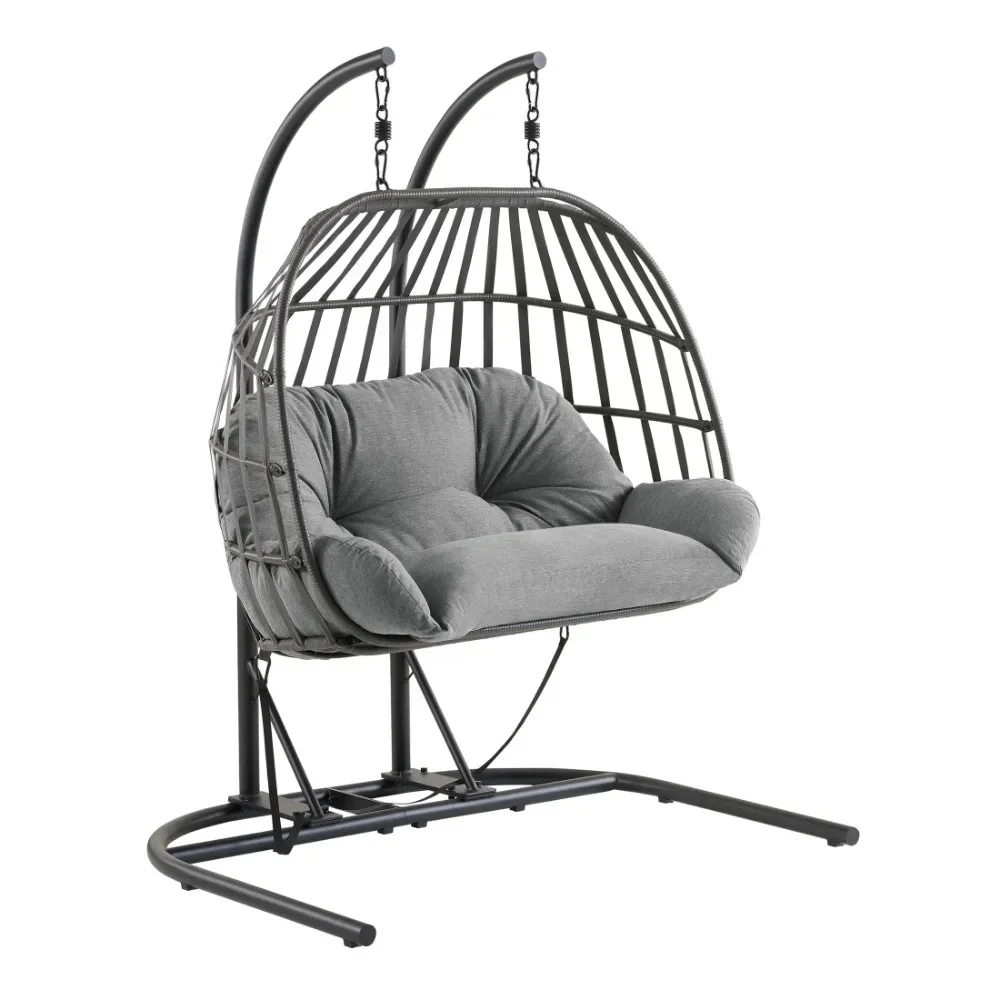 2024 New  Outdoor Patio Double Hanging Egg Chair with Gray Olefin Cushion, and Black Metal Stand