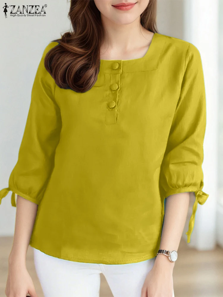 ZANZEA Moda Donna Camicette eleganti Autunno Colletto quadrato Tinta unita Tunica Top 2025 Casual Allentato Manica 3/4 Camicie da lavoro da ufficio