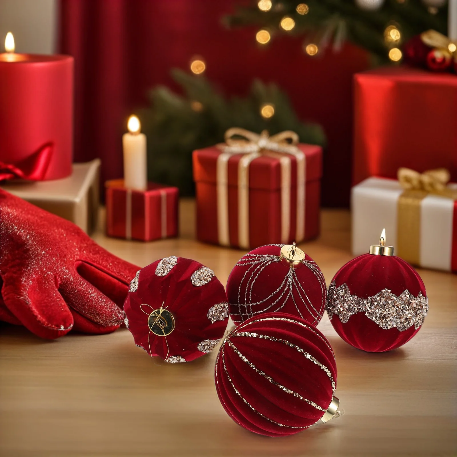 

4Pcs Christmas Ball Ornaments Red Glitter Shatterproof Flocked Hanging Decorations for Xmas Tree Holiday Baubles DIY Crafts 10cm