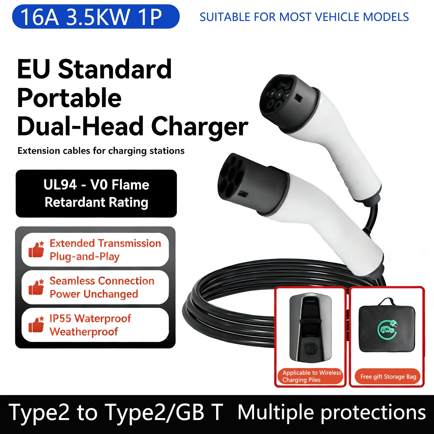 EV Charging Cable Type2 to Type2/ GB T,3.5kW 1Phase 16A, Waterproof & High-Temp Resistant, Lifespan exceeding 10,000 Time