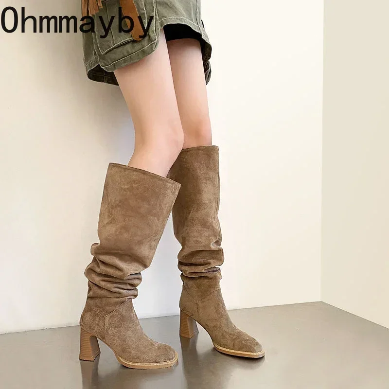 Slip On Women Western Knee High Boots Fashion Pleated Sewing Pumps Autumn Winter Thick Heel Ladies Modern Long Booties