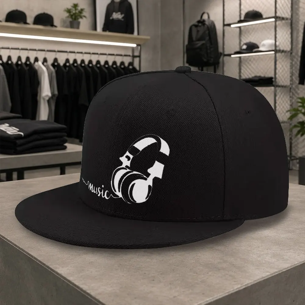 New Music Headphones Pattern Unisex Versatile Flat Brim Baseball Cap, Hip-Hop Cap, Duckbill Cap, Suitable for Short Trips, Daily