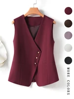 Chaleco corto con cuello en V y botones oblicuos color burdeos para mujer en primavera y otoño, Top sin mangas con apariencia adelgazante a la moda para uso exterior