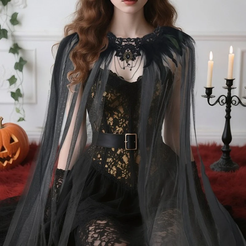 2025 New Halloween Witch Vampire Bride Cosplay Costume Role Play Medieval Vampire Cloak Feather Tulle Cloak Party Stage Costume