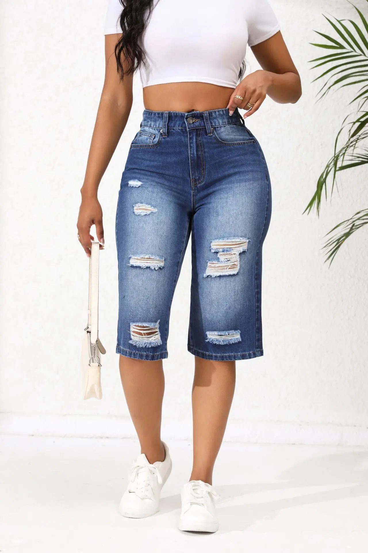 2024 Summer New High Stretch Calf-Length Jeans For Women Fashion Ripped Slim Fit Butt Lift Denim Straight Legs Casual Clothing