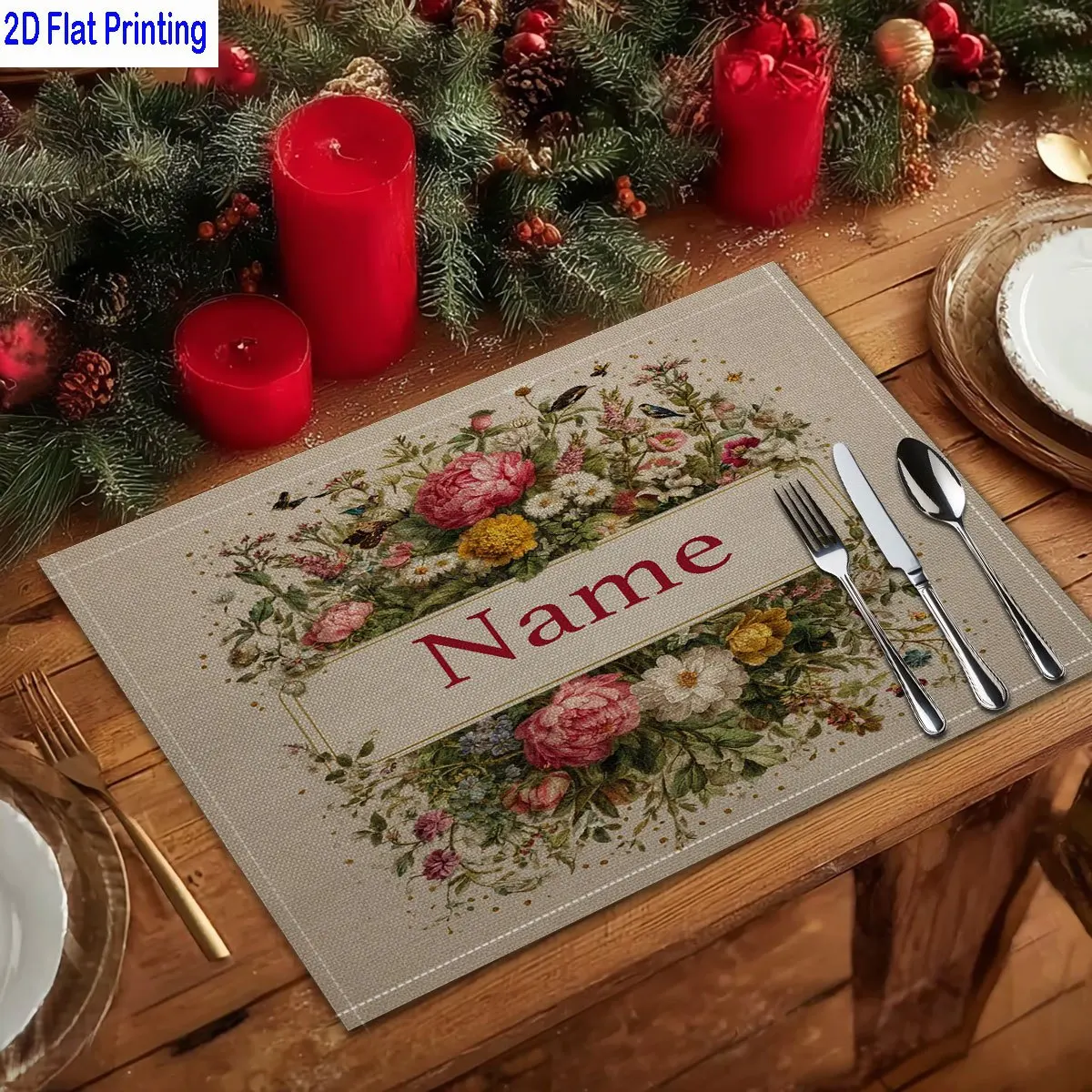1PC Custom Name Table Mats - Personalized Floral Placemats with Elegant Floral Patterns (Pink Green), Heat-Resistant Kitchen