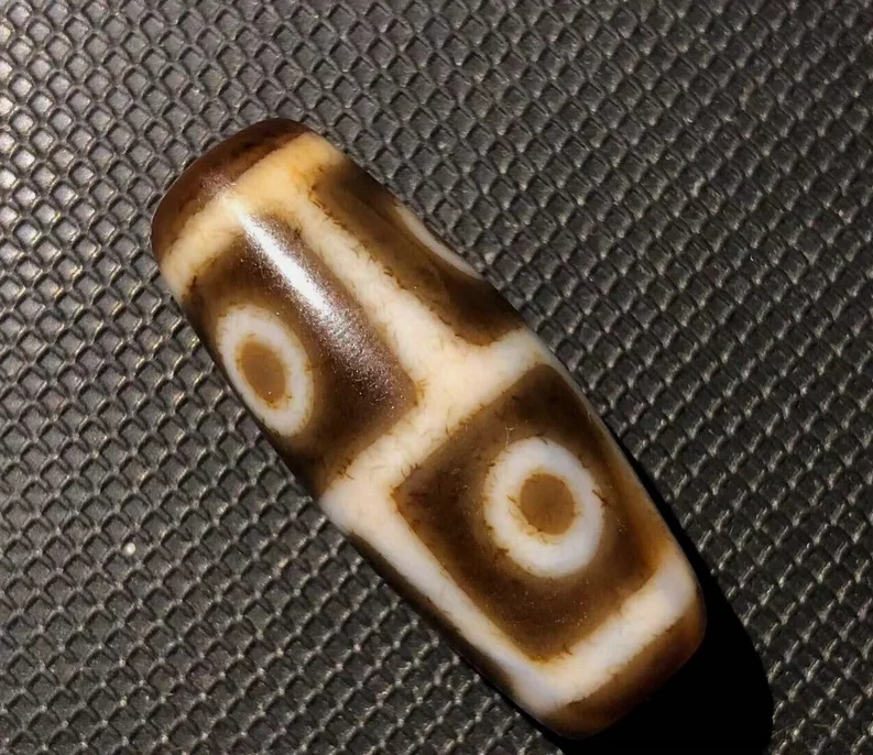 Magic Tibetan Old Agate longevity 6Eye Cinnabar Totem dZi Bead 14.2*35mmN005