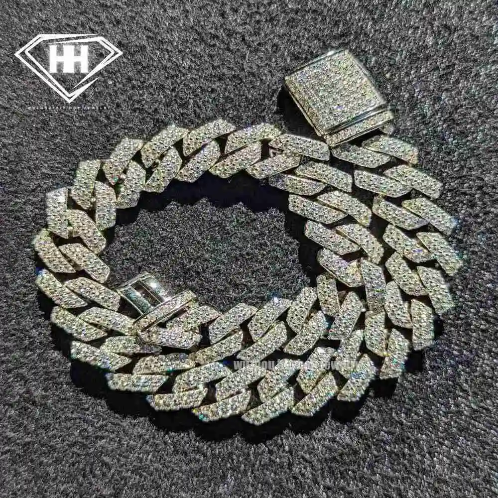 Hiphop Prong Set Crush Ice Bracelet S925 Silver 14mm Width Two Rows d Color Vvs1 Clarity Excellent Cut Moissanite Cuban Bracelet