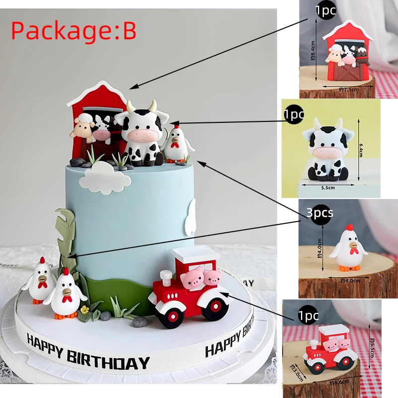 New Farm Themed Cake Toppers Kids First Birthday Party Cake Decorations Baby Shower Cow Ornament Tractor Chicken Birthday Insert