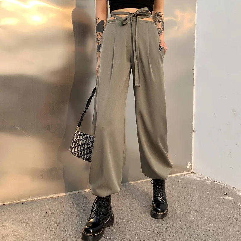 

2024 Spring Casual Loose Streetwear Slim High Waist Female Trousers New Fashion Solid Bandage Straight Pants Women Clothing