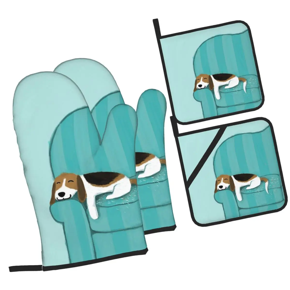 

Happy Couch Dog, милые рукавицы для духовки с изображением бигля и держатель для кастрюли, наборы из 4 предметов для выпечки, кухни, приготовления пищи, устойчивые к грилю нескользящие перчатки