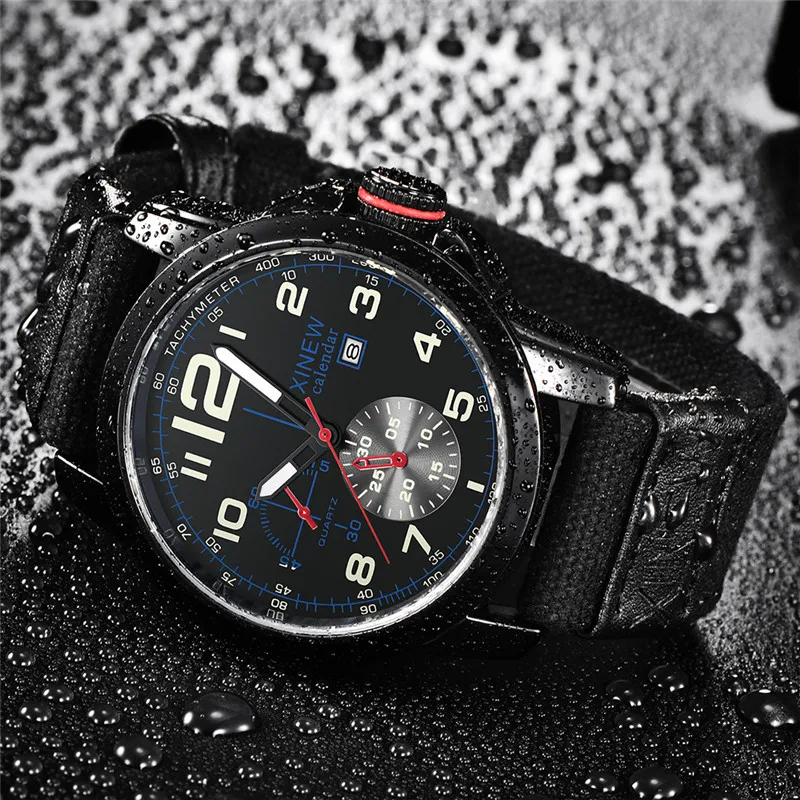 Men Big Brand XINEW Watches Fashion Nylon Band Simple Military Sports Date Quartz Vintage Watch Black Relogios Masculinos 2024