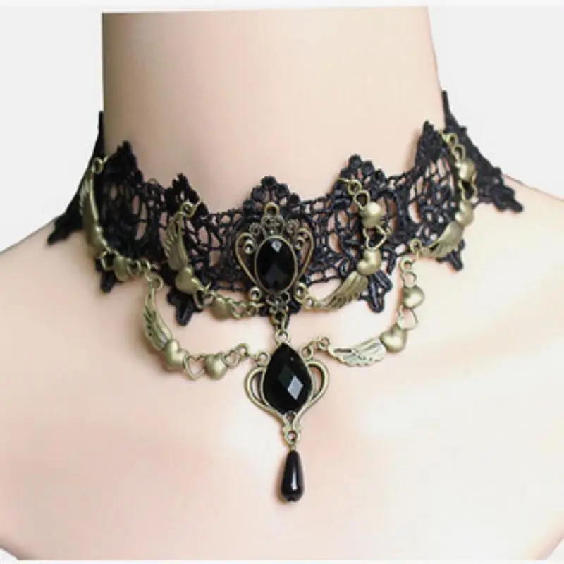 Vintage Gothic Black Lace Rhinestone Pendant Necklace For Women Ladies Elegant Sexy Choker Wedding Party Jewelry Y2K