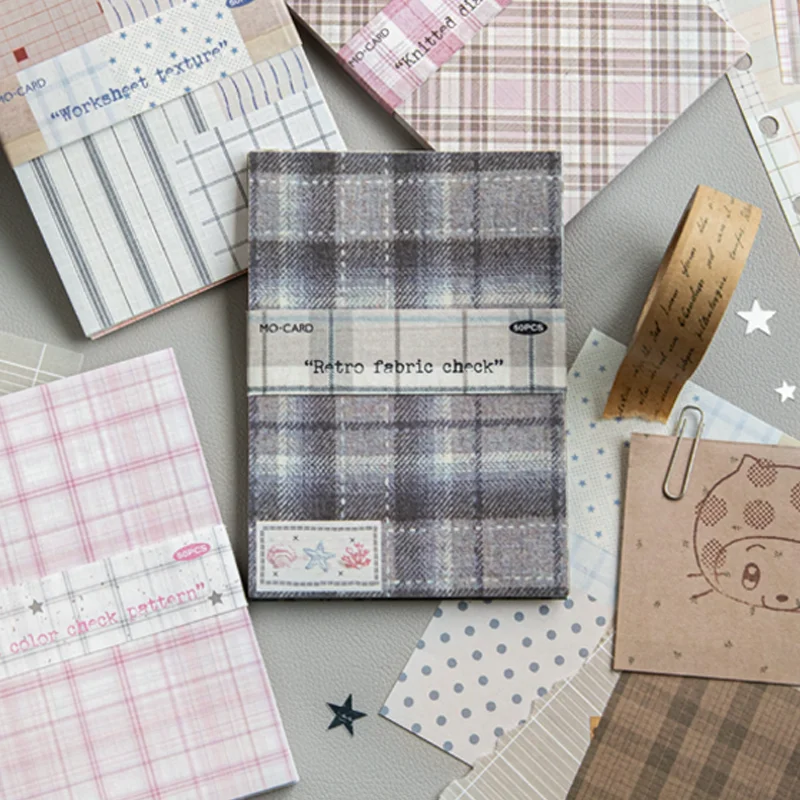 4Packs(200sheets) Plaid Market Material Paper Kraft Background Sheets Vintage Journal Collage Pages Creative Diary Decoration