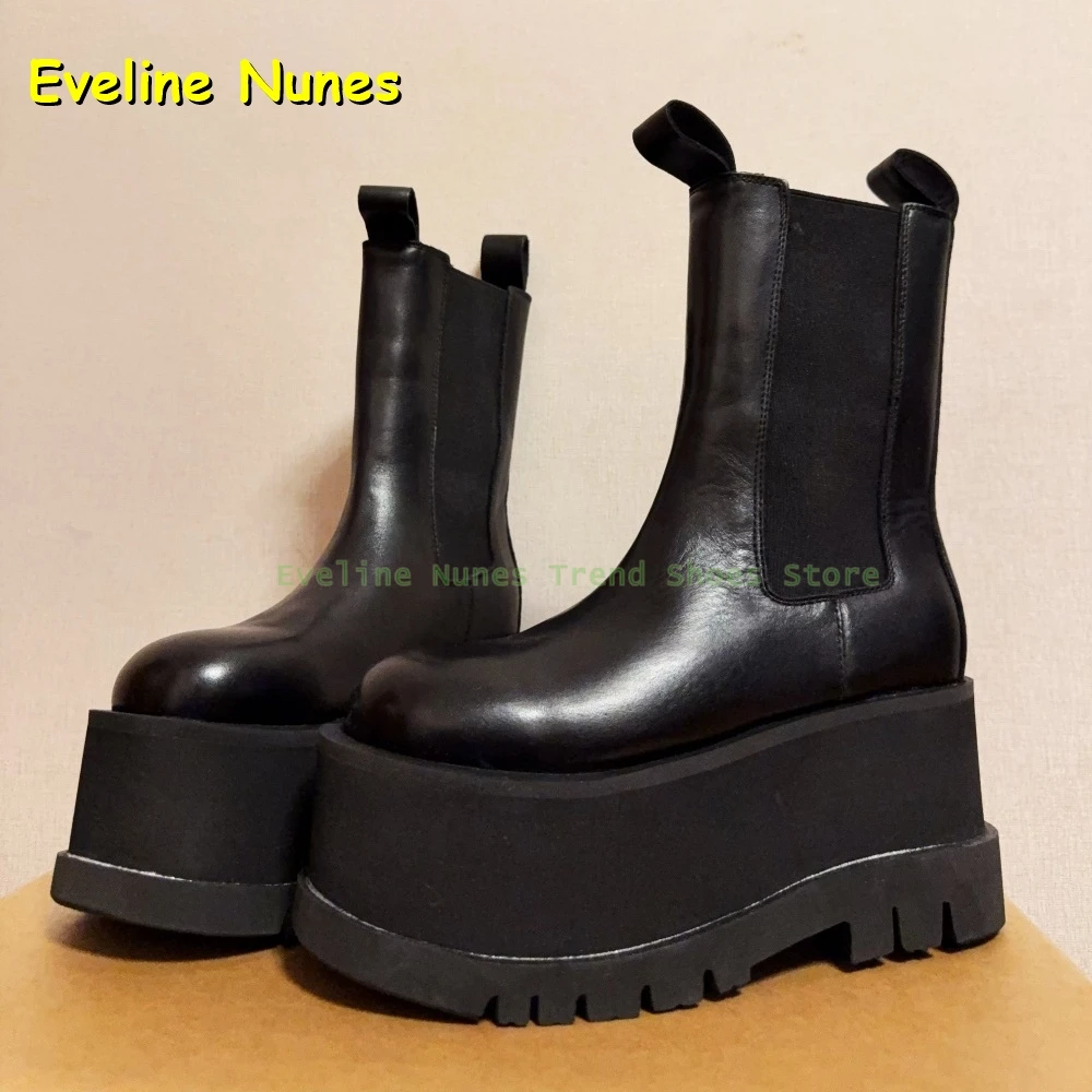 

Черные элегантные рыцарские ботинки на платформе с круглым носком, толстая подошва, увеличивающие рост, однотонные ботинки челси в стиле панк, 2026, весенний новый стиль
