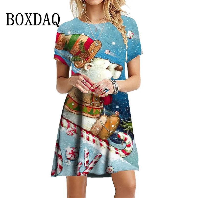 Sweet Casual Christmas Party Dress For Womens Autumn Winter Loose Short Sleeve Christmas Elk 3D Printed Mini Dress Femme Clothes