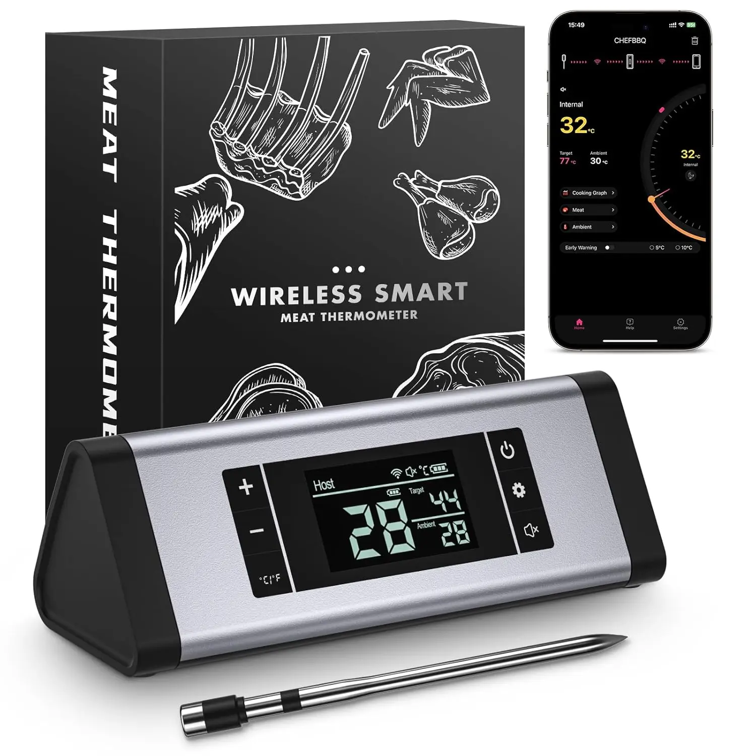 

Wireless Meat Thermometer with App, Rechargeable, Alarm, Instant Read for Grilling BBQ Oven Smoking