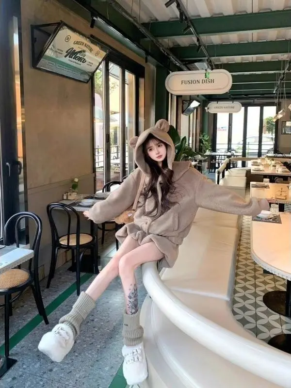 Lamb Fur Bear Print Hoodie And  Skirt Set Women's Autumn Winter Fashion Ensemble Gentle Soft Cute Two-Piece Suit
