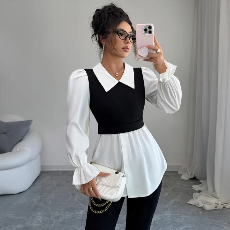 

Women Blouse Korean Style False Two-piece Polo Collar Blouses Y2k Top Streetwear Youth Pullovers Shirt Fake Two-Piece Shirt Vest
