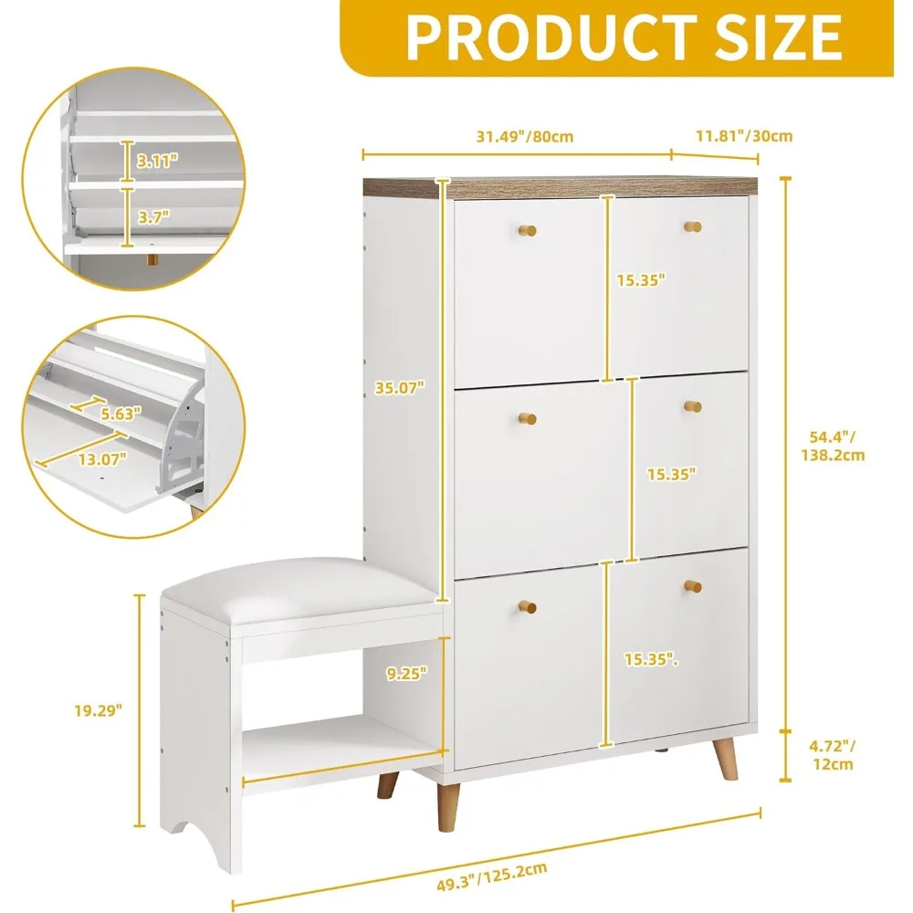 Shoe Cabinet with Bench for Entryway, Modern Storage Cabinet Shoe Bench, Narrow Hidden  Organizer with 3 Flip Drawer