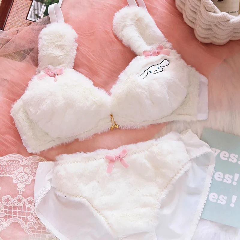 My Melody Fluffy Bra Set Comfort Wireless Bras for Women Sexy Soft Fleece Bra Sets Women's Underwear Cotton Bras for Large Bust