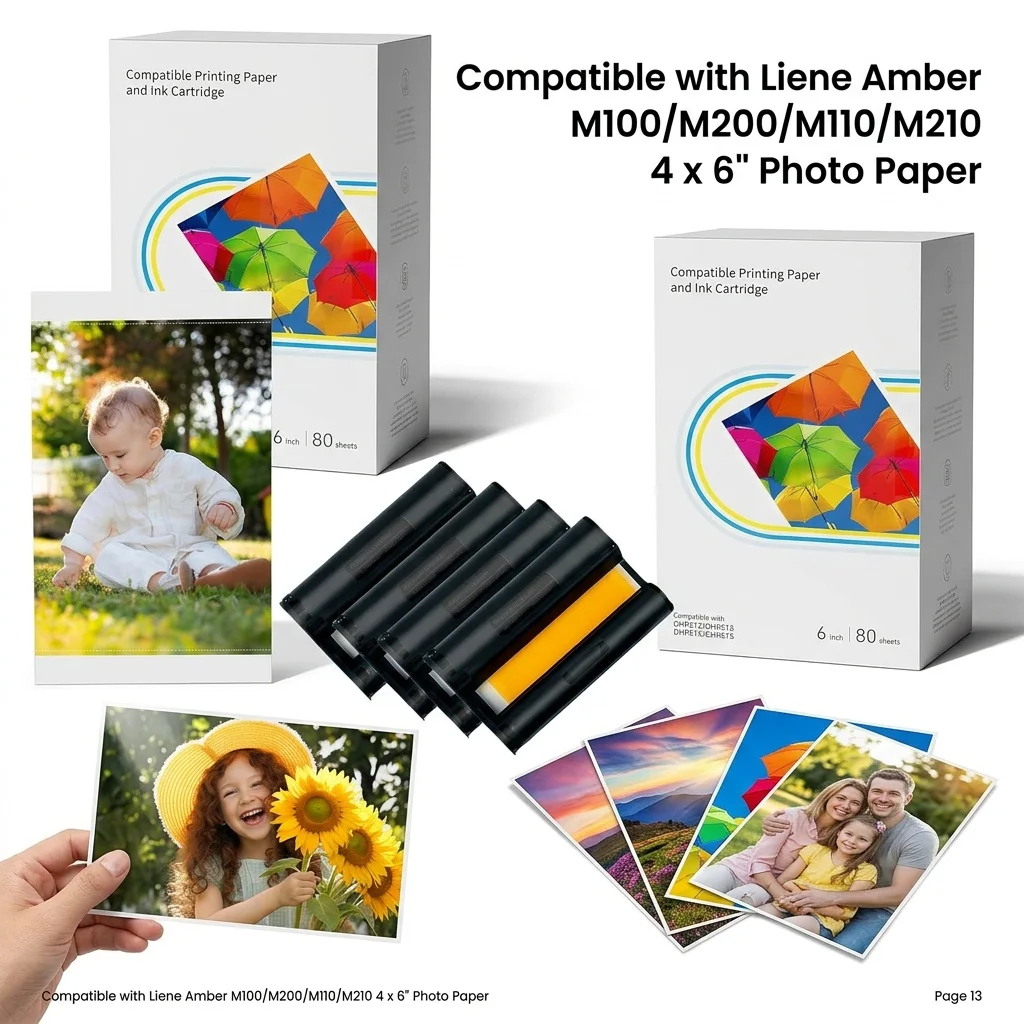 

Full Consumables Supply 4x6 Inch 80 Sheets Photo Paper And 2 LP-80 Ink Cartridges Compatible Liene Amber Series Photo Printer Fo