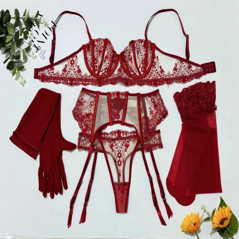 Bikini Fashion Floral Embroidery Stitching Sheer Mesh Sexy Underwear Suit