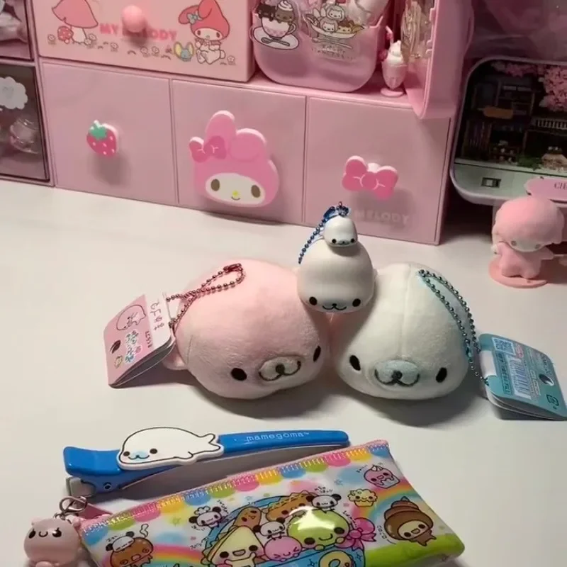 Adorable Fluffy Mamegoma Sakuragoma Shirogoma Seal Plush Keychain SANX Pink White Seal Doll Girly Plush Backpack Bag Hanging view 5