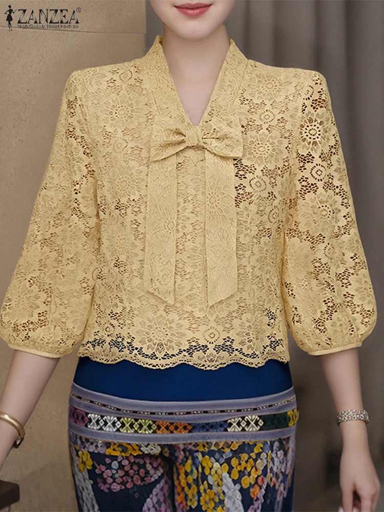2025 ZANZEA elegante blusa de encaje para mujer con cuello en V pajarita camisas de oficina para mujer otoño 3/4 Puff manga Casual moda Blusas Tops