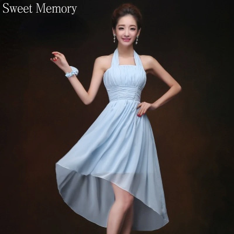 Blue High Low Prom Dresses Girl Women Princess Short Front Long Back Wedding Party Dress Chiffon Birthday Cocktail Formal Gown