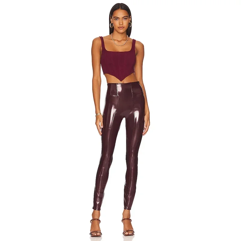 Shiny Patent Leather Leggings Women Faux Latex High Waist Pencil Pants Slim Stretch Bodycon Splicing Trousers Clubwear Custom