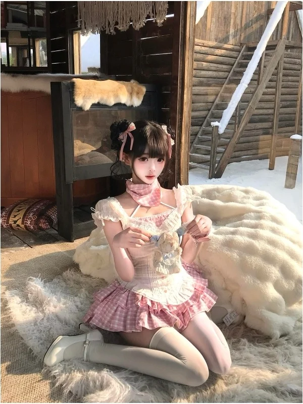 

Sweet School Sle irt Set Women Summer Spicy Girl Pure Desire White Top Pink Plaid Cake Skirt Two Piece Set Faionable En...