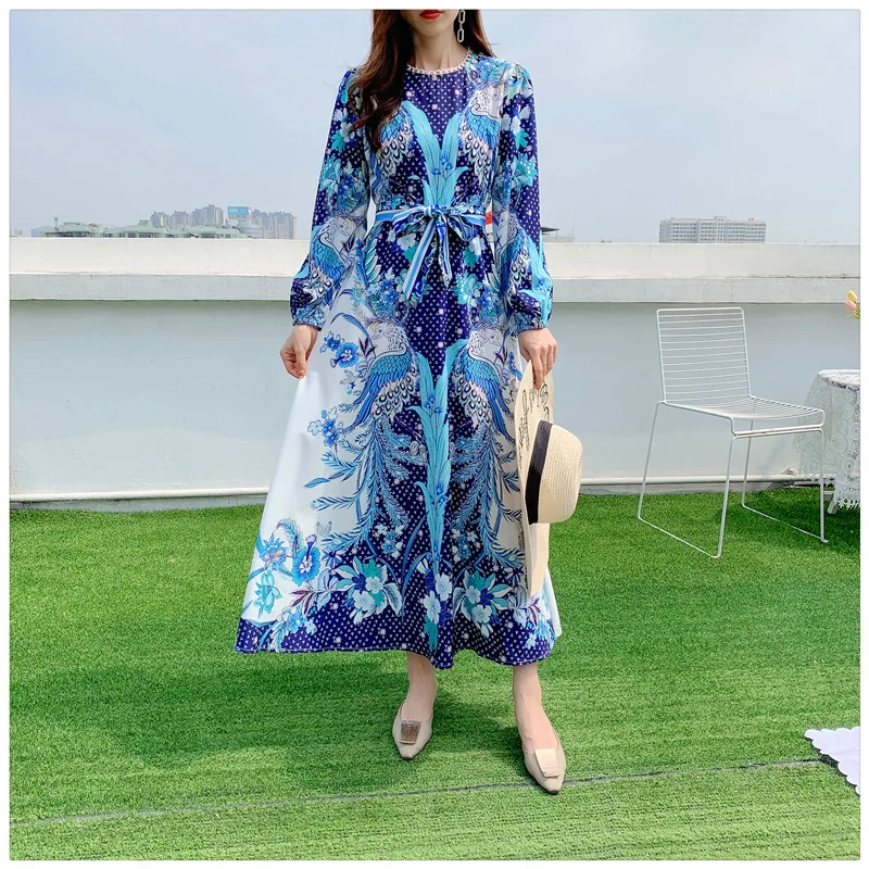 

Literary Retro Court Style Printed Ankle-length Dress High Quality Round Neck Bubble Sleeve Waist Slim Temperament Long Skirt