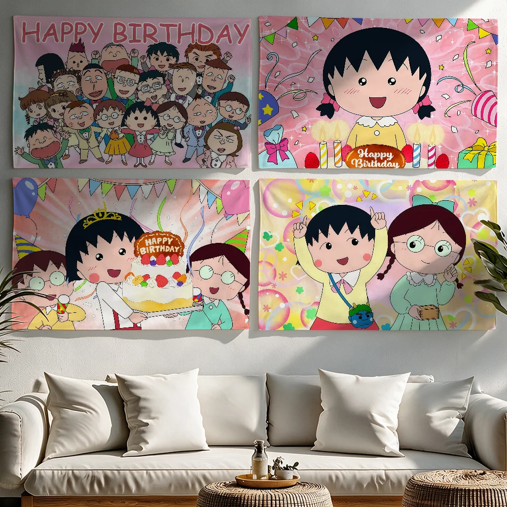 C-Chibi Maruko Chan Birthday flag Tapestries Outdoor Parties Bedrooms Living Rooms Dorm Rooms Wall Decor Banners Gifts