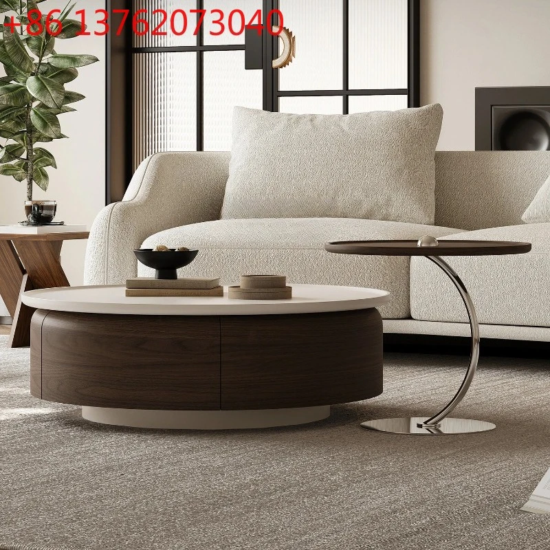 

Wabi-sabi coffee table combination round walnut skin art medium and ancient style light luxury