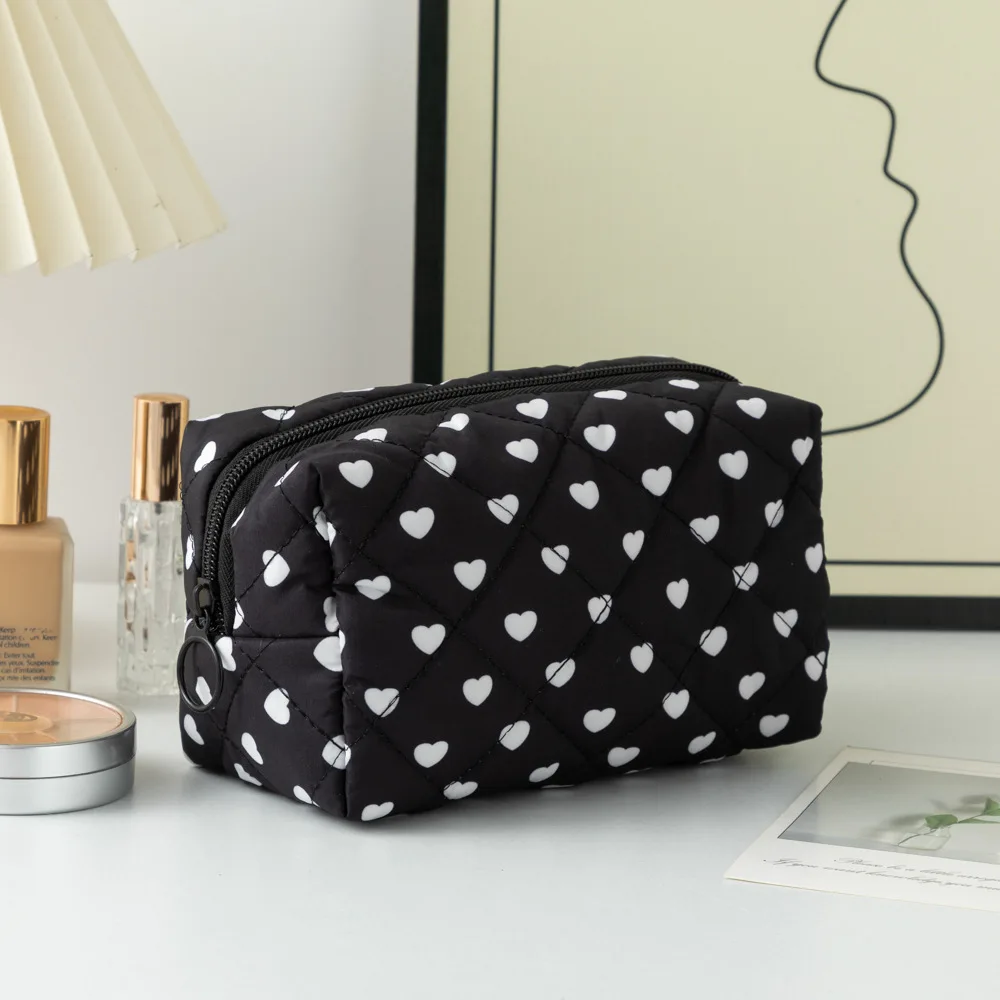 Cute Heart Pattern Makeup Brush Bag,Cotton Drawstring Cosmetic Pouch for Women, Travel Toiletry Storage Organizer Gift view 3