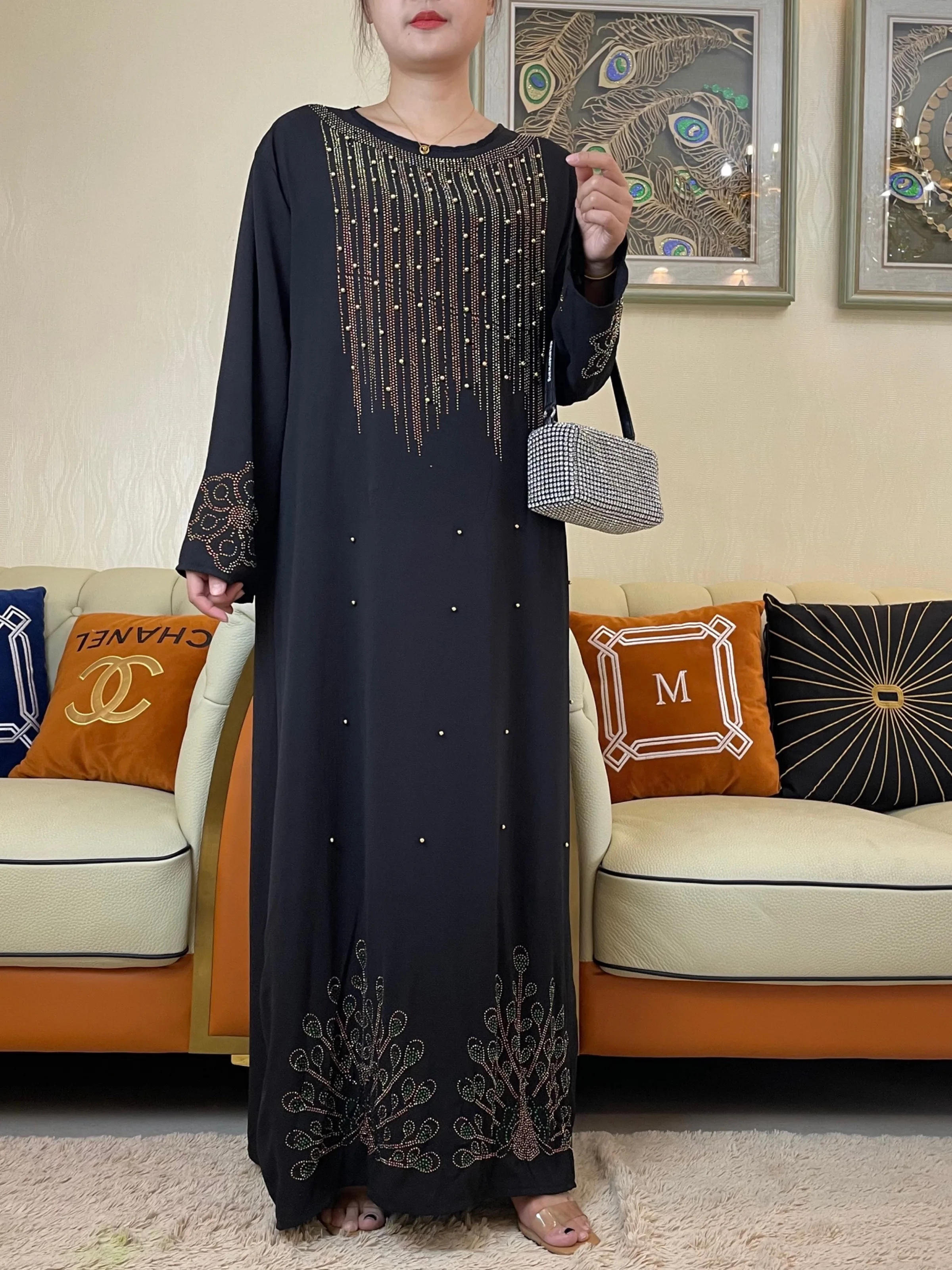 2022 Autumn Abaya Muslim Woman Long Sleeve Dress Ramadan Prayer Diamonds Kaftan Arabic Islamic Clothing Robe Moroccan Caftan