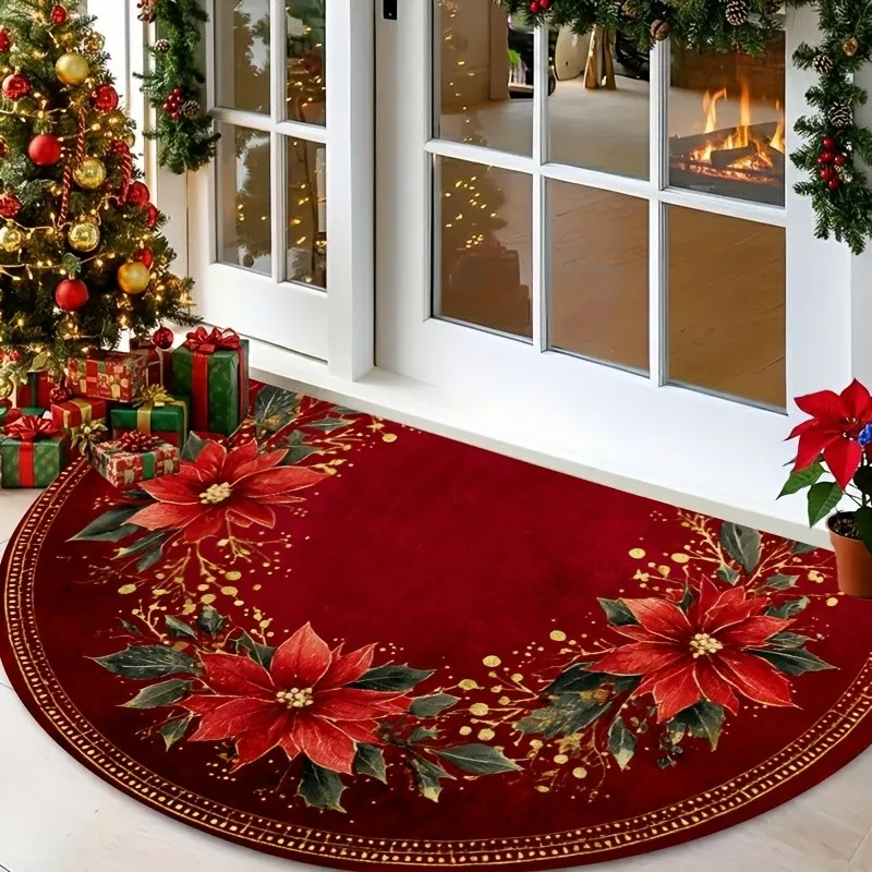 Luxury Christmas Half Round Doormat Red Poinsettia Floral Semicircle Carpet For Living Room Bedroom Front Door Welcome Floor Mat