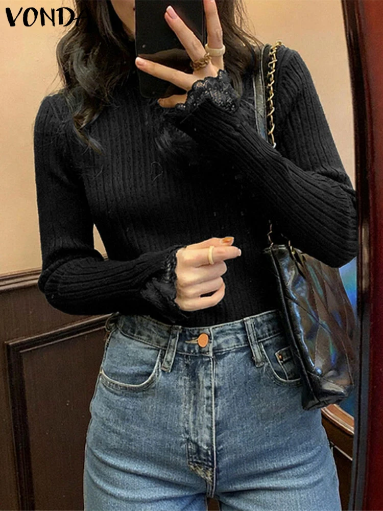 فوندا الدانتيل الياقة المدورة البلوزات النساء المرقعة محبوك البلوفرات 2025 الخريف طويلة الأكمام الحياكة الأساسية لاعبا ملابس خارجية غير رسمية