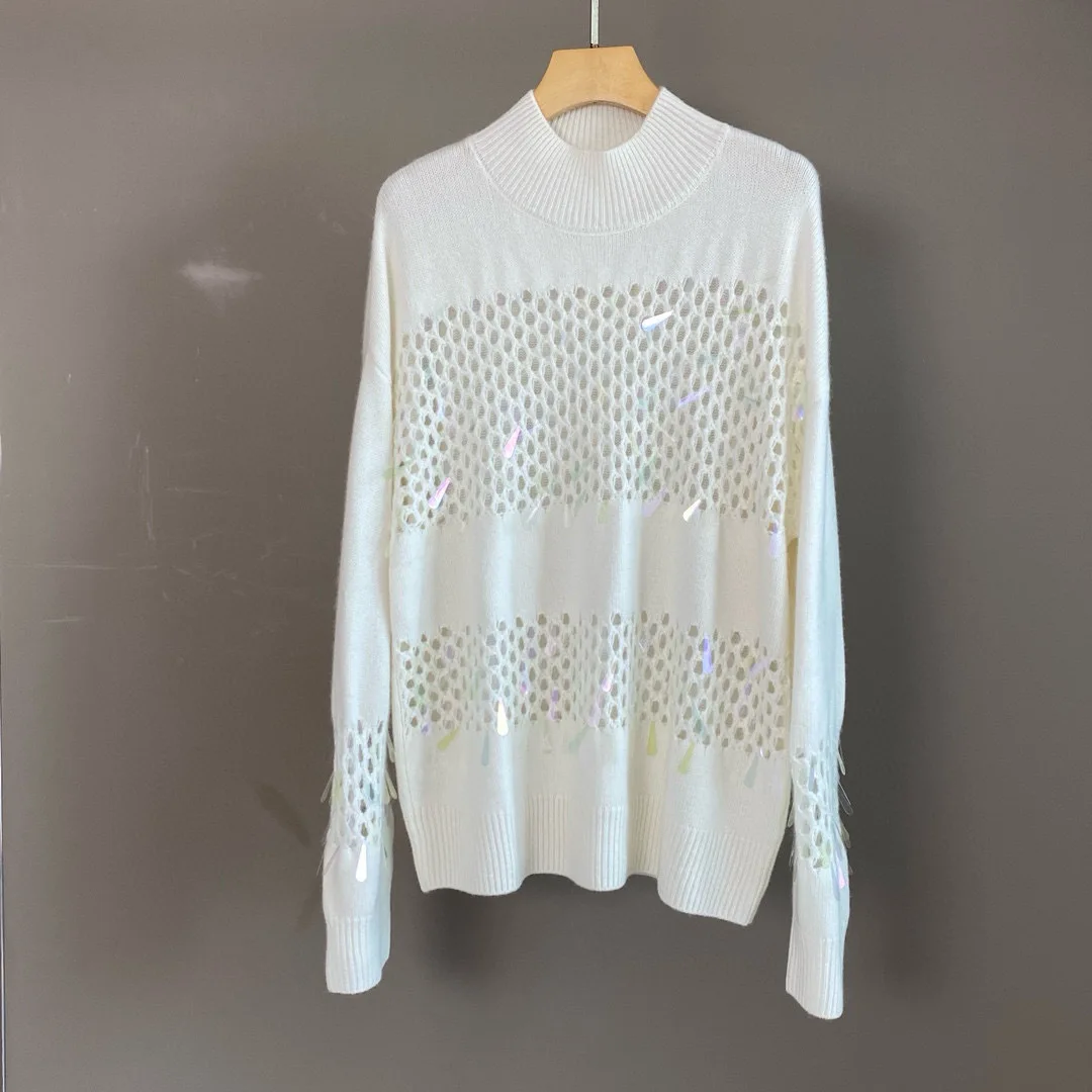 

2025 Autumn And Winter New High-Neck Long-Sleeved Hollow Colored Sequins Loose-Fitting Slim Wool And Cashmere Blended Sweater