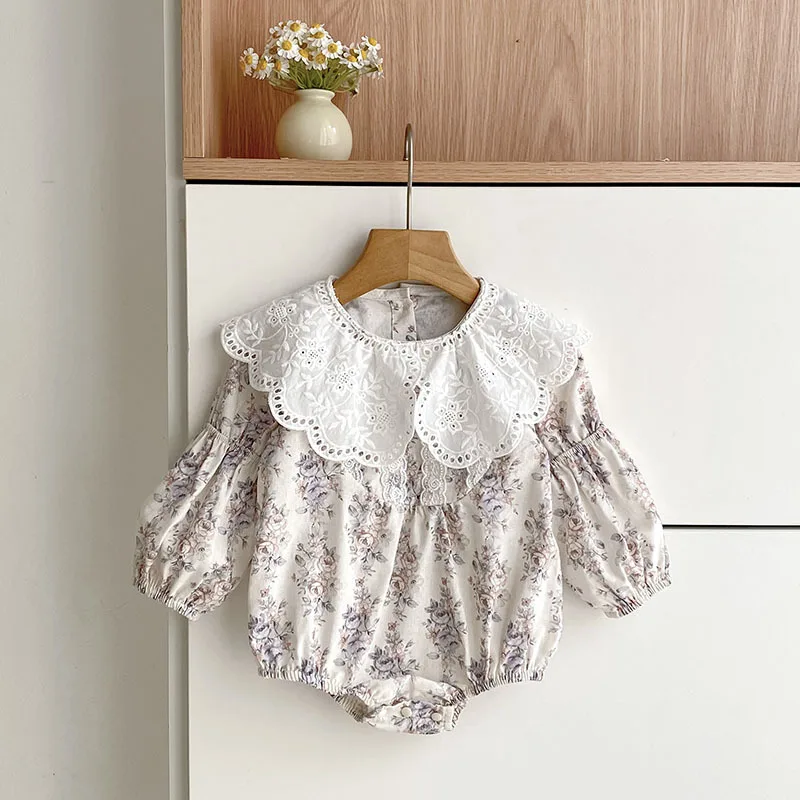 

Girls' Lace Collar Printed Romper Baby Girl Long Sleeve Princess Dress Spring Autumn Sister Outfit