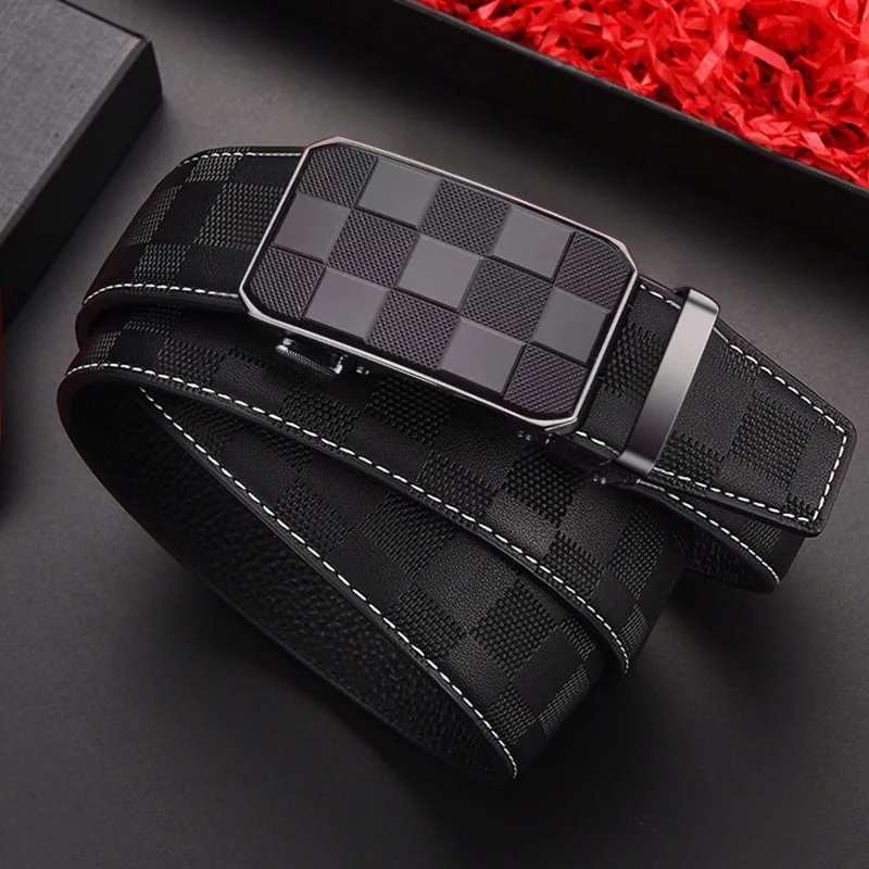 Men Genuine Leather Belt Simple Buckle Design Automatic Ratchet Belt Adjustable Belt